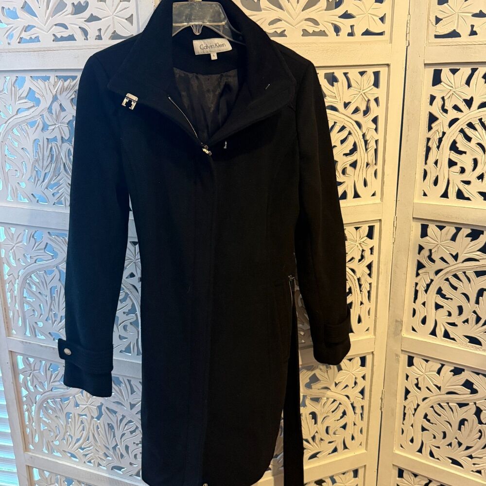 Calvin Klein Zip up Wool Coat Great Condition Silver Accents Size Small